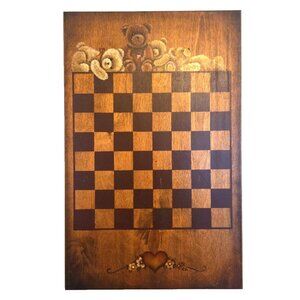 Teddy Bear Checkerboard Hand Painted Vintage 1980s Wood